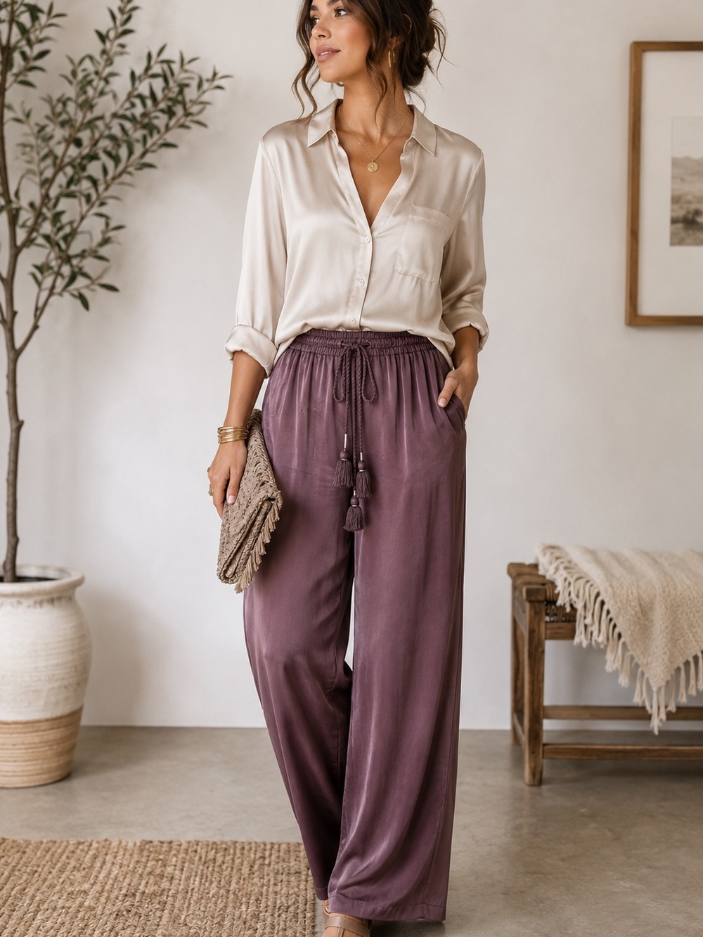 LOFT Burgundy Pull-On Tassel Tie Pants XS Rayon Relaxed Loose Fit Casual Boho